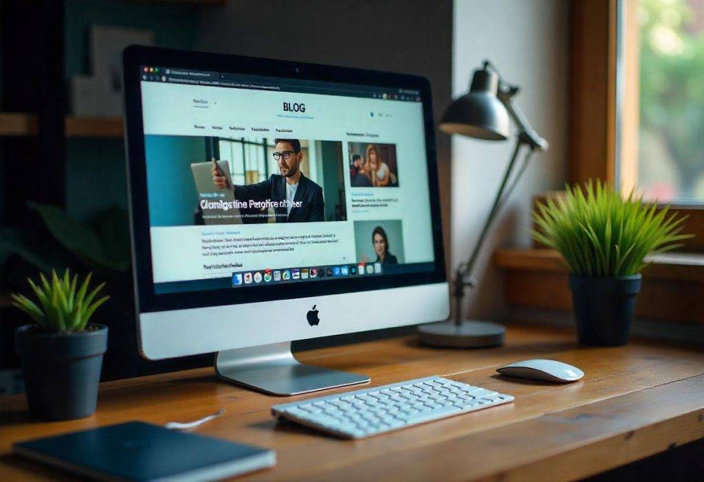 computadora de escritorio sobre un mostrador o mesa, con una pantalla que muestra un blog en funcionamiento