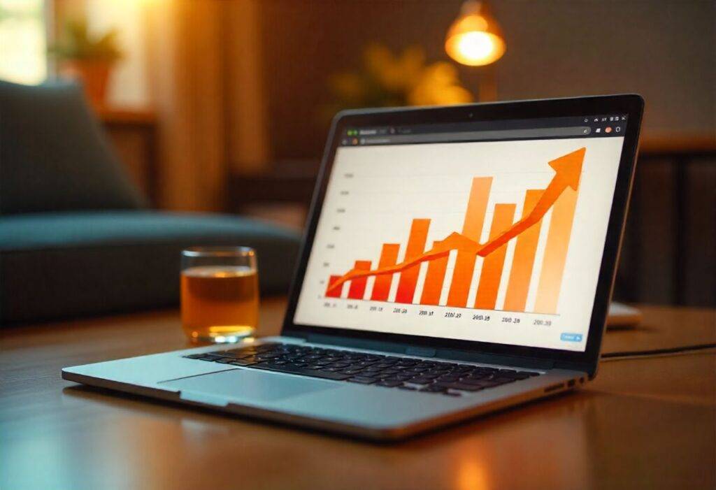 Ilustración conceptual de una laptop con un sitio web en pantalla, gráficos de crecimiento, íconos de Google, diseño responsive y seguridad SSL. Representa el costo y los elementos que incluye tener un sitio web profesional en 2025.