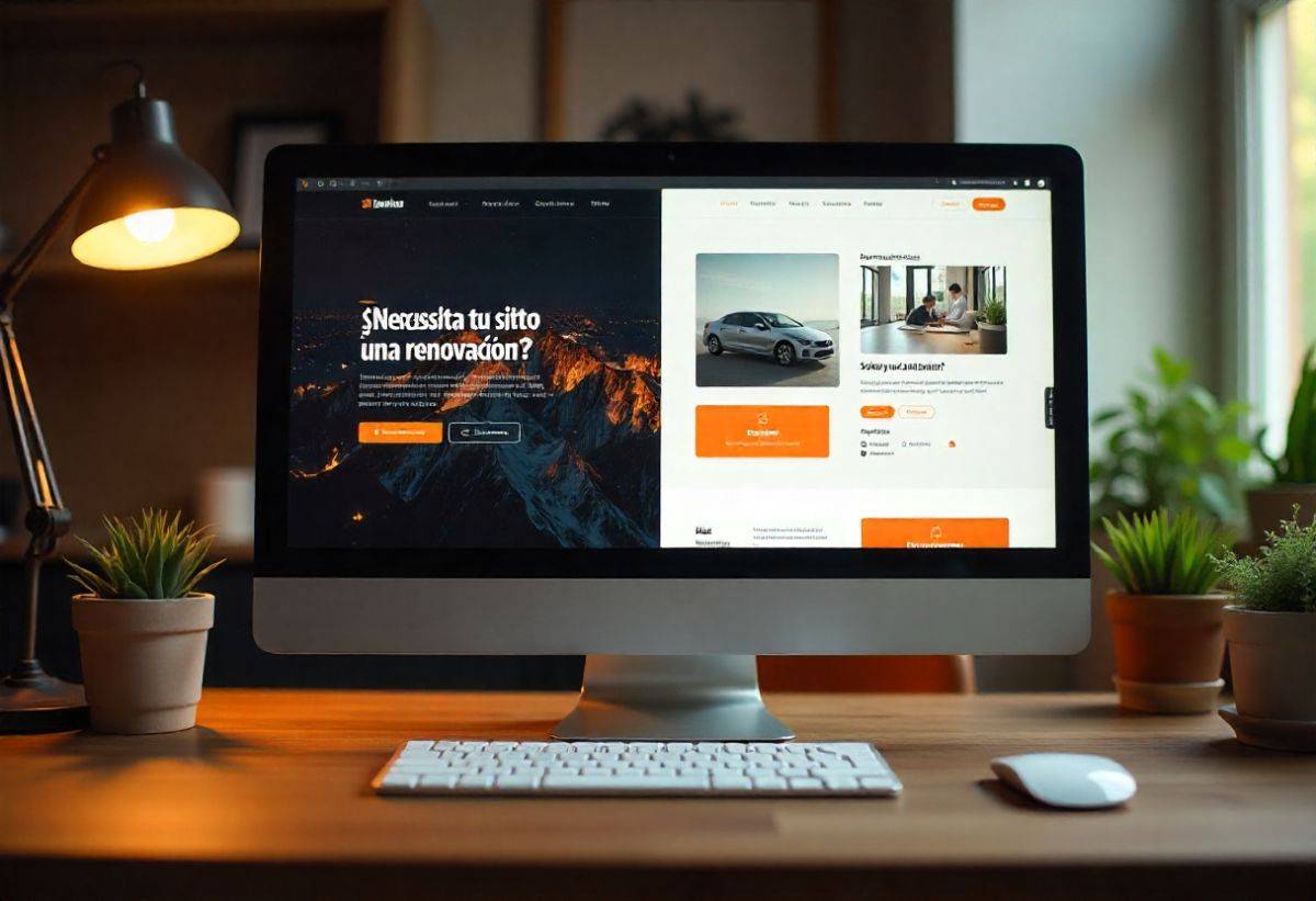 Sitio web antiguo en pantalla de computadora, con íconos de error, baja velocidad, falta de adaptación móvil y bajo posicionamiento en Google. Representa la necesidad de renovar un sitio web profesionalmente.